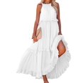 thumbnail image 3 of Women's Resort Style Ruffled Long Dress Round Neck Sleeveless Flowy Beach Dress with Pockets White Garibou S, 3 of 9