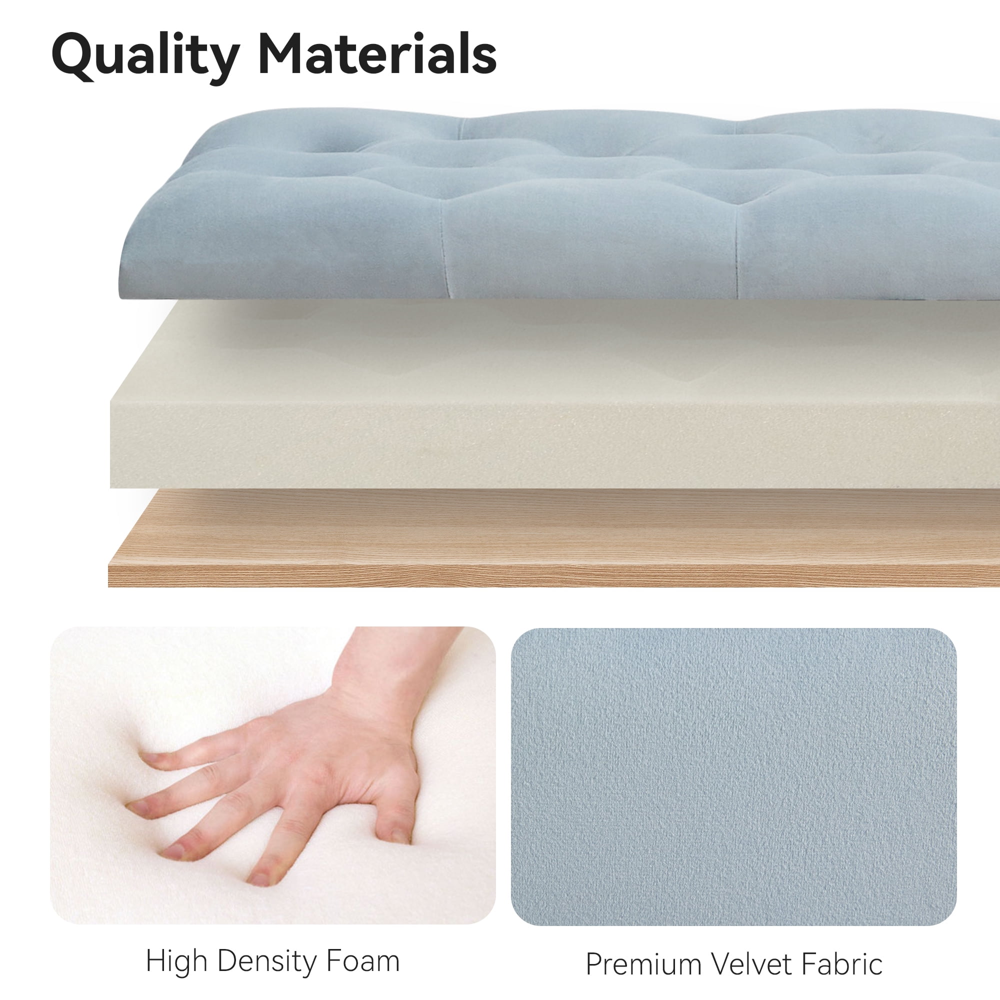 Velvet Storage Bench, Upholstered Bed Bench with Storage, End of Bed Ottoman with Wooden Legs,Bedside Storage Bench for Bedroom, Living Room, or Entryway, Blue Grey