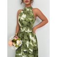 thumbnail image 3 of Olive Green Watercolor Floral Halter Neck Smocked Waist A-Line Maxi Dress For Women, 3 of 6