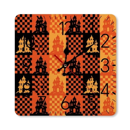 GooTPa 10×10inch Square Silent Wall Clock Wooden Frame, Haunted House Pixel Patchwork Scale Decorative Clock for Home Bedroom Living Room Office