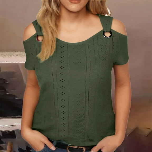 Green Tshirts for Women Summer Tops for Women 2025 Eyelet Cold Shoulder Short Sleeve T Shirts Solid Casual Ring Hollow Top Basic Shirts Tees Womens Short Sleeve Tops