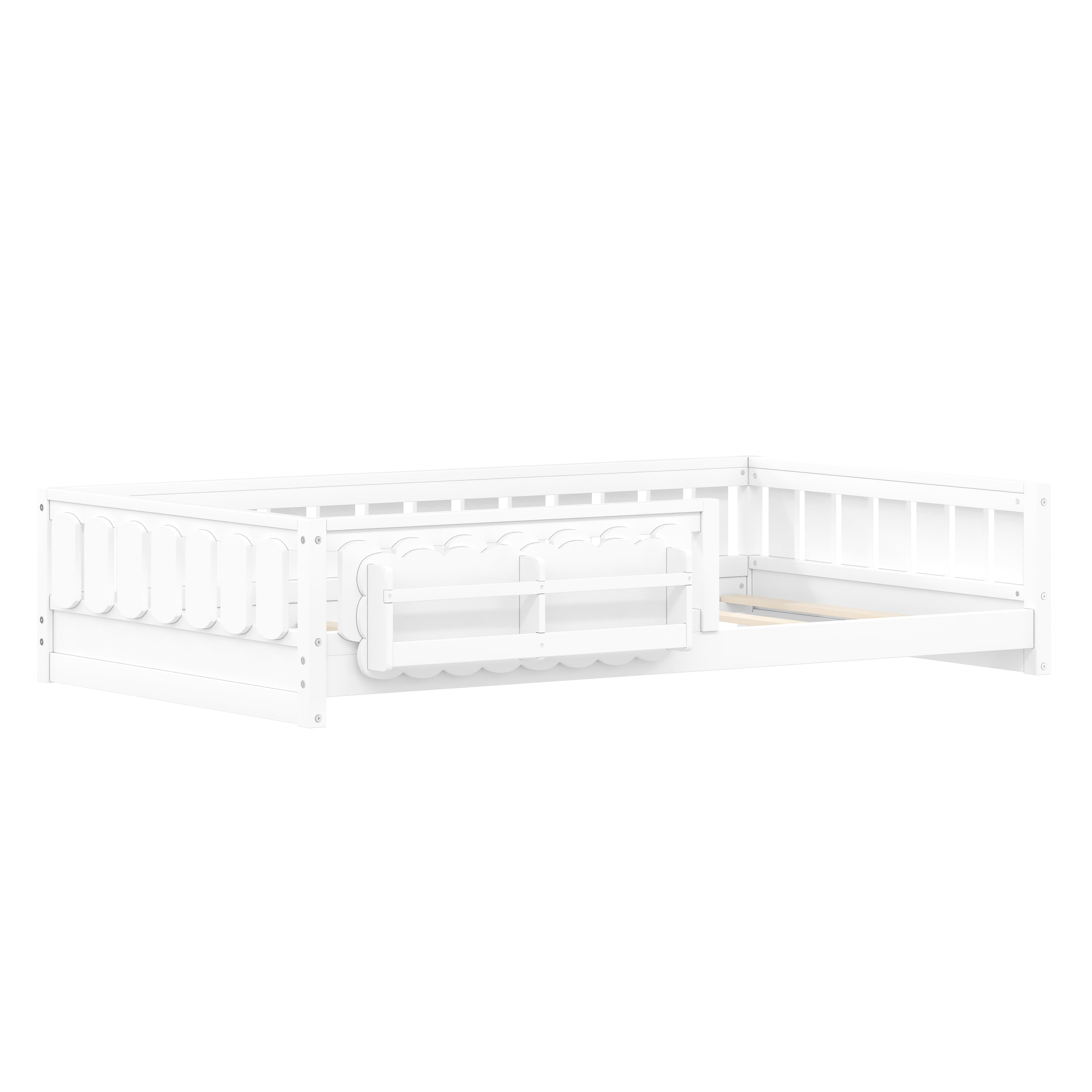 Euroco Wood Twin Size Platform Bed with Shelves, Floor Bed with Guardrails, White