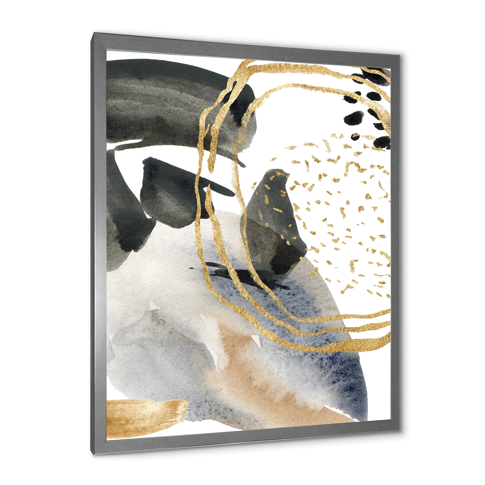 Designart 'Pastel Abstract With Black Blue Beige and Gold Spots' Modern Framed Art Print