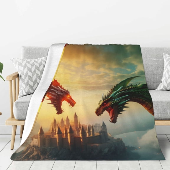 Fuzoiu Castle Red Green Sky Dragon Print Flannel Throw Blanket,Light Weight Warm Decorative,Throw Blanket Cover for Sofa, Couch, Bedroom,Travel-