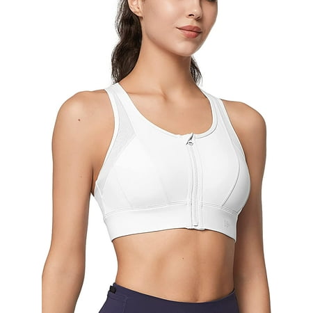 

QWZNDZGR High Impact Zip Front Sports Bra Mesh Racerback Workout High Support Sports Bras for Women Large Breasts