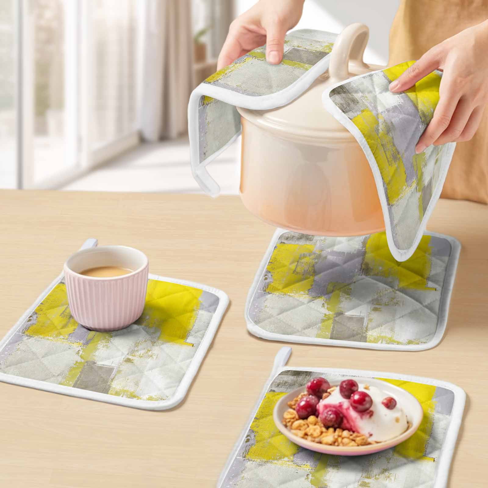 Yellow Pot Holders for Kitchen Heatproof Potholder, 3 Pack Modern Geometric Grey Oil Painting Abstract Hot Pads Multipurpose Oven Pads Cloth Potholders Trivet for Cooking Baking