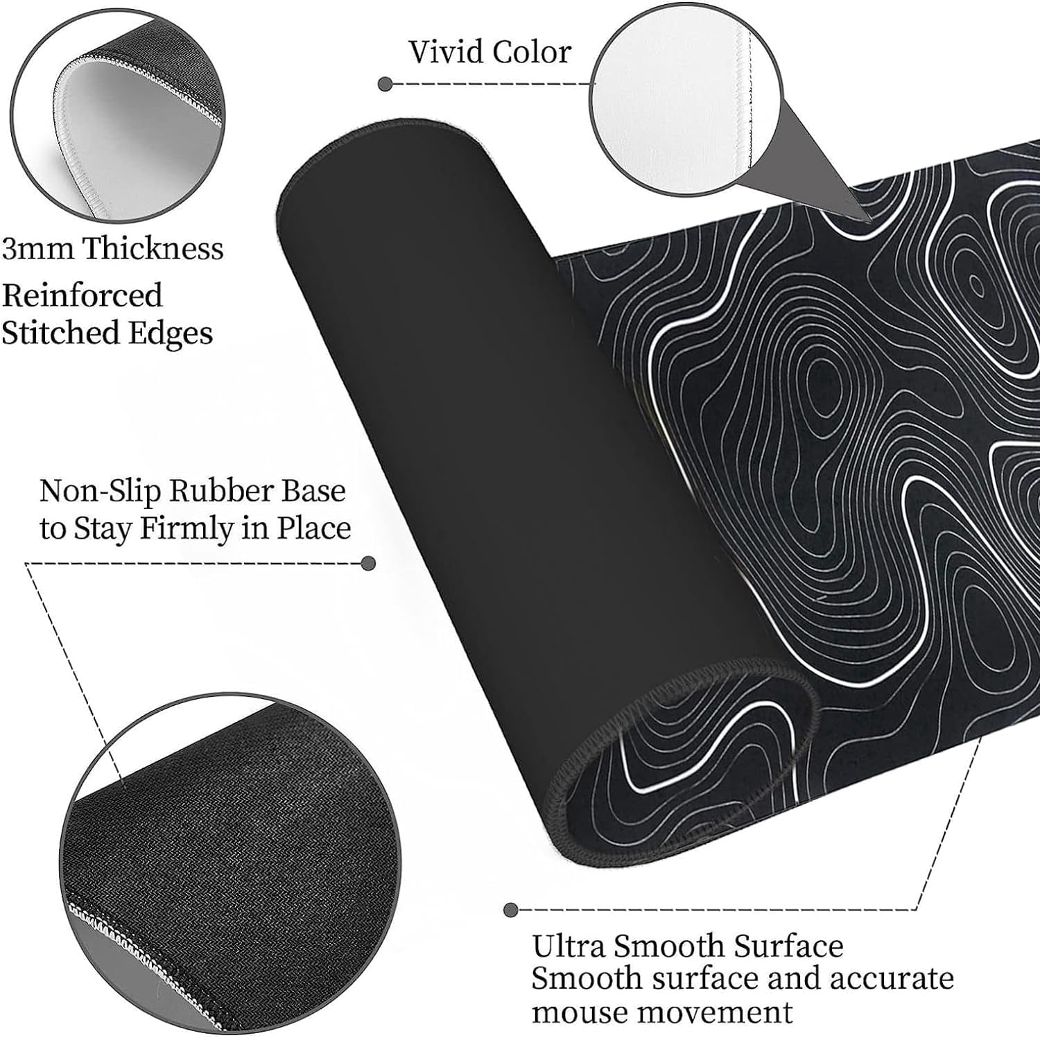 XXL Extended Topographic Gaming Mouse Pad Minimalist Black Map Desk Pads Contour Lines Large Mouse Mat Stitched Edges Desktop Mousepad with Non-Slip Base(Size:35.4x15.7in)