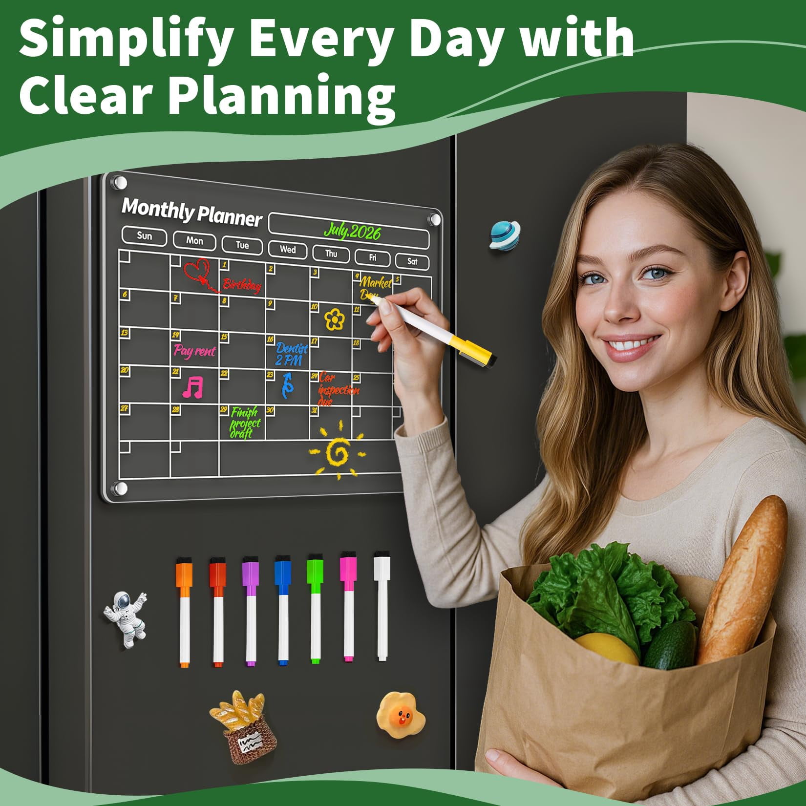Dry Erase Magnetic Calendar For Fridge  16"x12" Refrigerator Clear Monthly And Weekly Meal Planner Chore Chart With 8 Colors Markers
