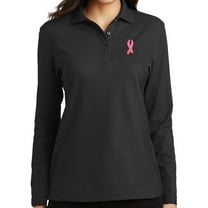 Women's Breast Cancer Awareness Ribbon Long Sleeve Polo Shirt, 3XL Black