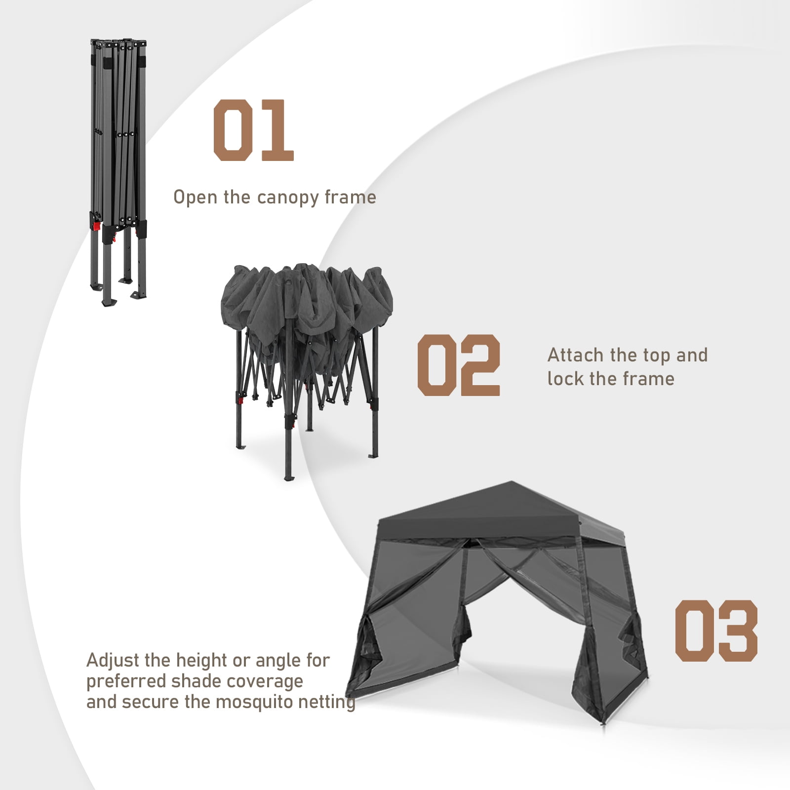 EAGLE PEAK 10x10ft Slant Leg Easy Setup Pop Up Canopy Tent with Mosquito Netting 64 sqft of Shade, Gray
