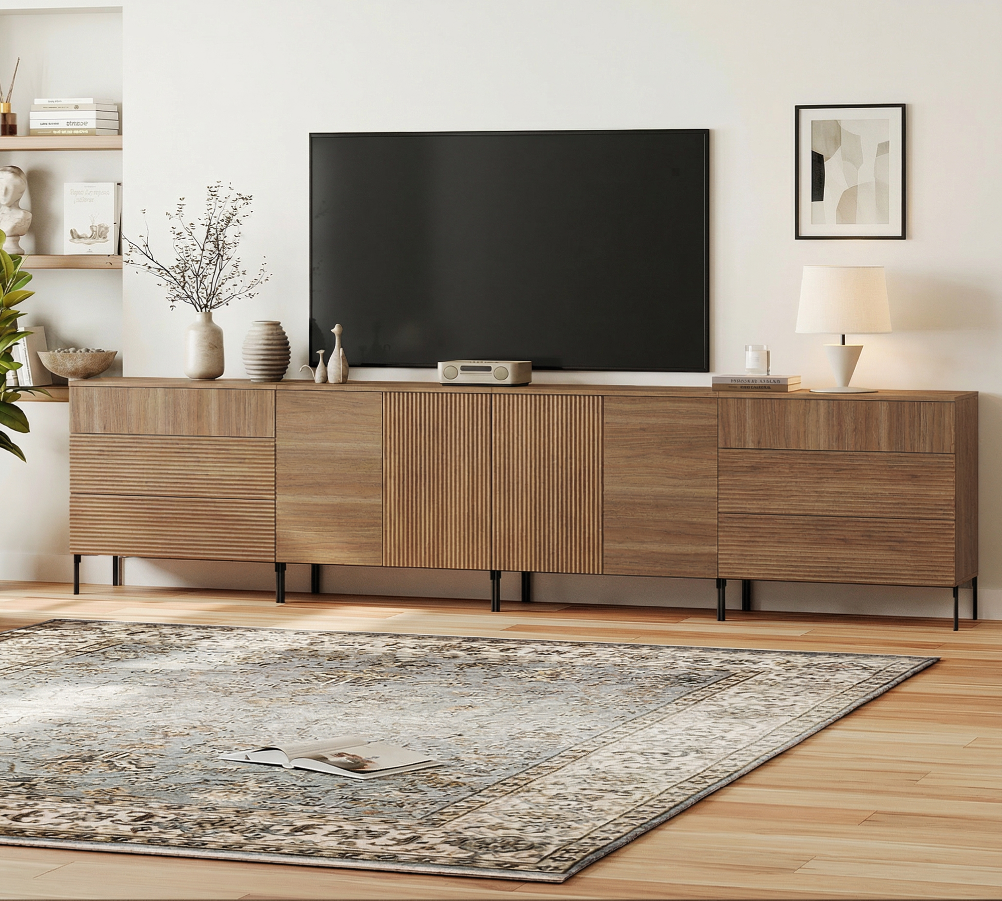 94.5" Reeded Accent Cabinet Set with Doors and Adjustable Shelves, Modern Credenza Storage Cabinet with Charging Station for Living Room, Kitchen, Dining Room, Hallway