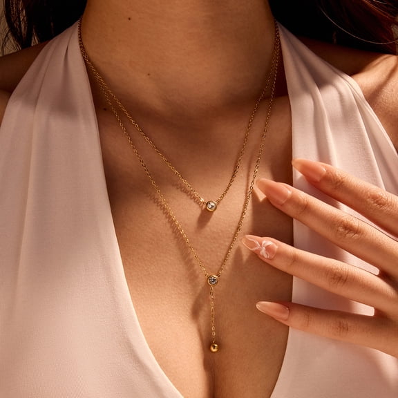 NICKSUN 18K Gold Plated Stainless Steel Double Layer Drop Pendant Necklace, Dainty CZ Inlaid Y-Shaped Tassel Clavicle Chain for Women
