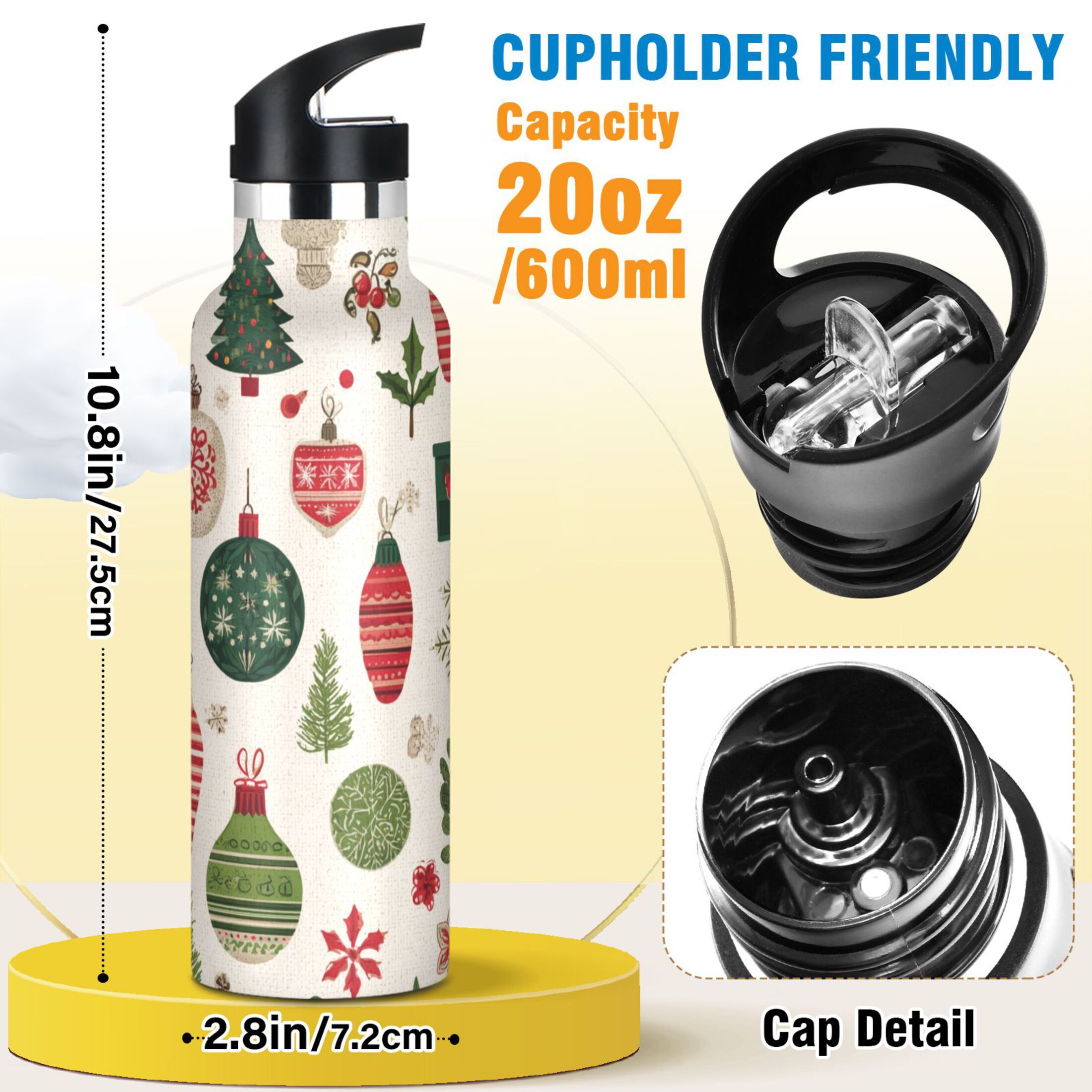 600ML Stainless Steel Insulated Cup Sports Water Bottle Portable Thermos Cup Water Glasses Insulated Tumblers Convenient and Durable Cartoon Christmas Element Pattern