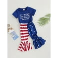 thumbnail image 3 of Bagilaanoe 4th of July Clothes for Toddler Baby Girls Short Sleeve Letter Print T-Shirts Tops + Striped Patchwork Trousers 12M 18M 24M 3T 4T 5T Kids Independence Day Outfits 2pcs Long Pants Set, 3 of 9