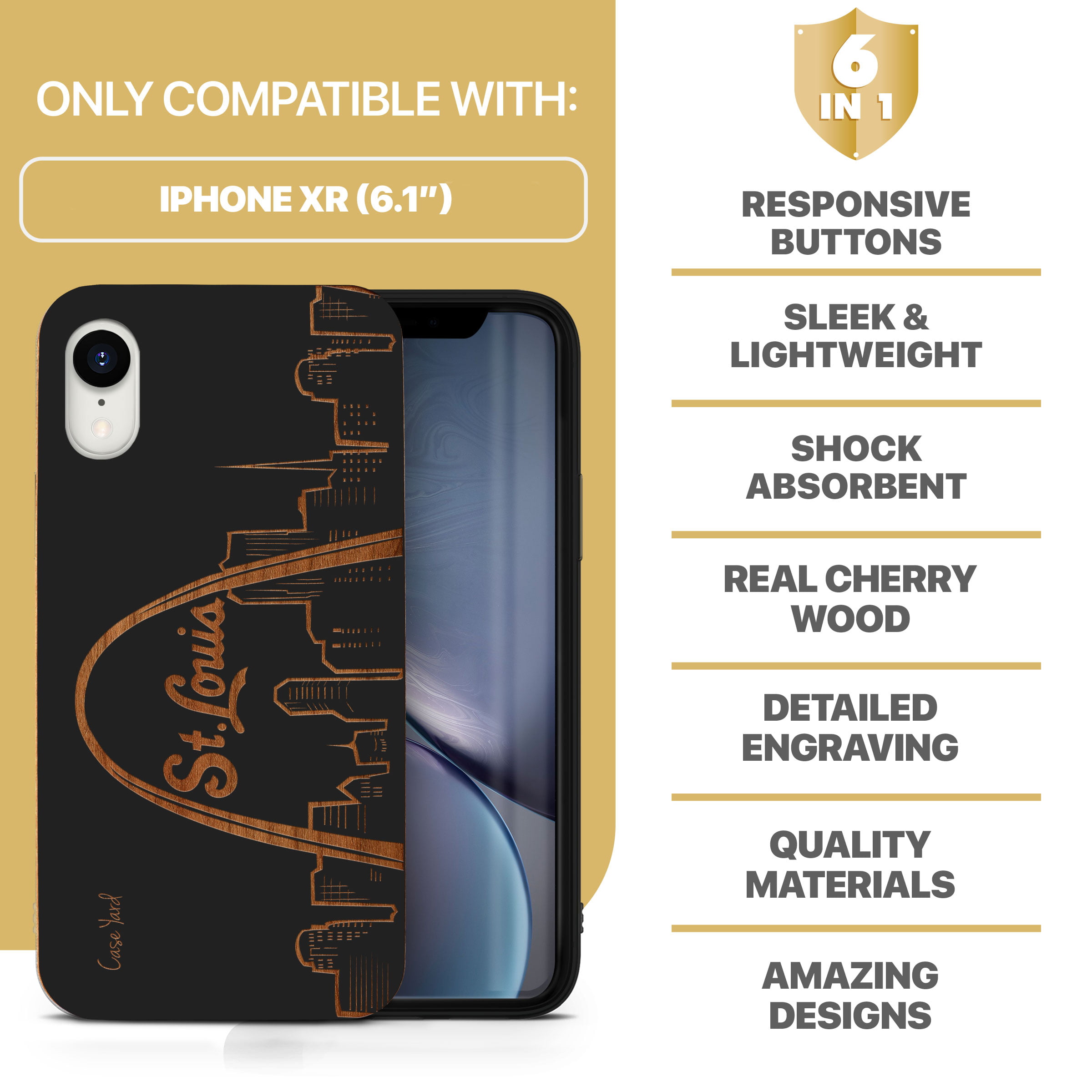 Wood phone case for iPhone XR compatible protective cell phone cover  shockproof slim fit laser engraved St. Louis Skyline design Black wood case  for Men & Women by CaseYard 