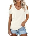 thumbnail image 2 of Fesfesfes Shirt for Women Women Casual Solid Short Sleeve Cold Shoulder Stitching Round Neck Pullover Blouse T-shirt Tops Womens Blouses M(US:6), 2 of 7