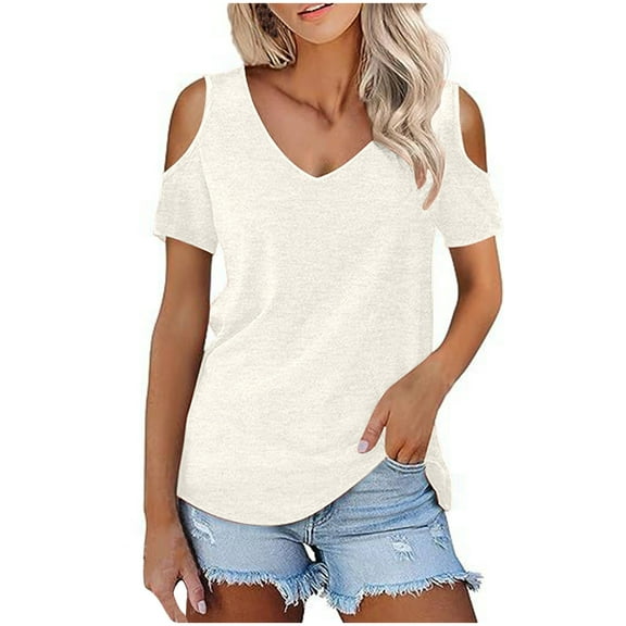BLVB Off the Shoulder T Shirts for Women Short Sleeve V Neck Plain Basic Tunic Tee Tops Dressy Casual Shirts