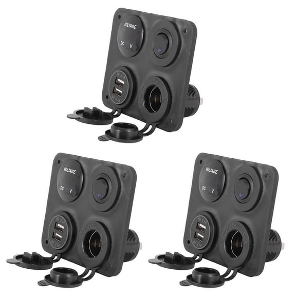 3X 4 Function Panel Dual USB Charger Green LED Volt 12V Power Outlet ON-OFF Switch,blue & black