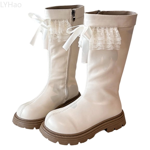 LYHao Elegant Girls Long Boots With Lace Trim And Bow Detail For Fashionable Childrens Footwear Comfortable Durable Sole Ideal For School Party And Daily Wear ,Girls Boots Sizes 9.5 Beige(3-4 Years)