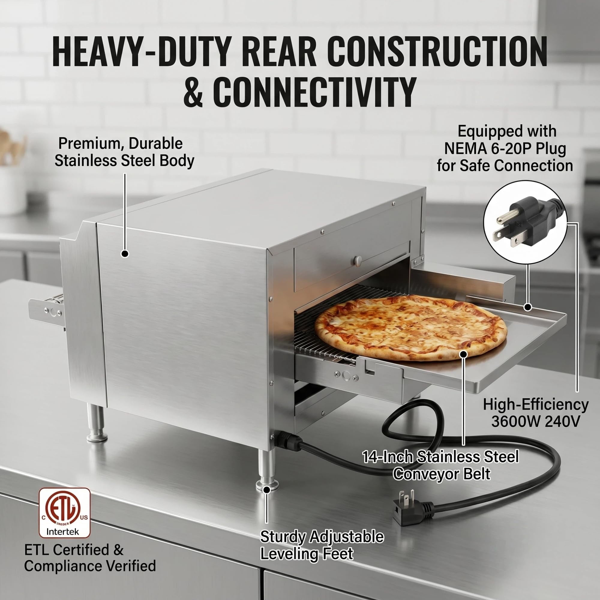 Hakka 14" Commercial Countertop Conveyor Pizza Oven, 240V 3600W Stainless Steel Sandwich and Flatbread Baker, ETL Listed