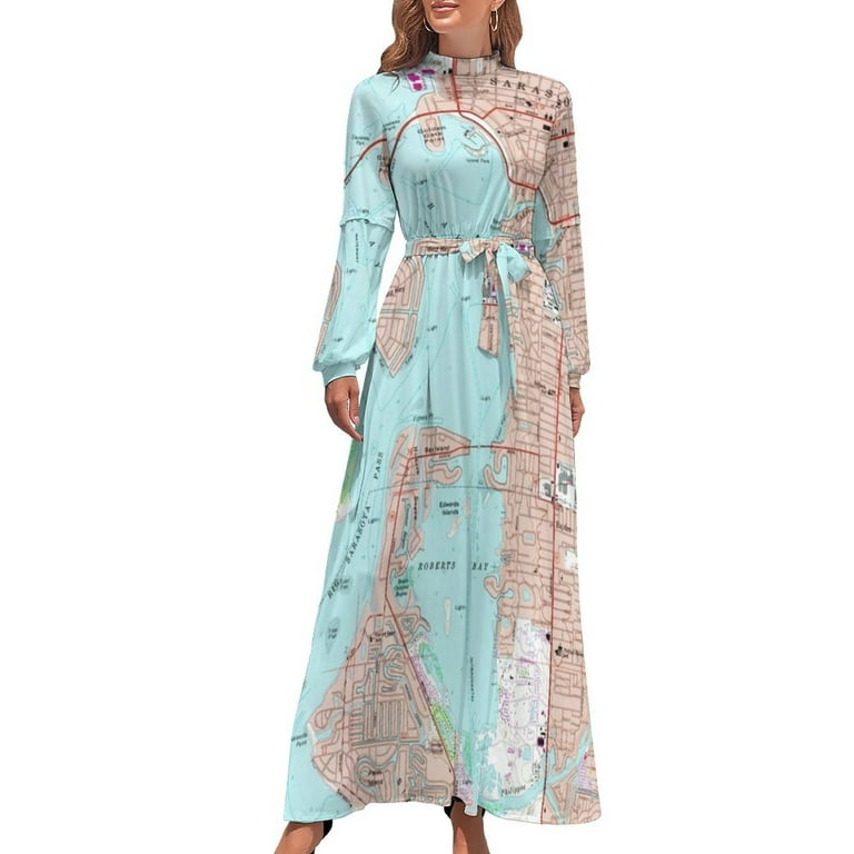 Vintage Map Print Dress Sarasota Florida Cute Maxi Dress Boho Beach Long  Dresses High Neck Pattern Vestidos