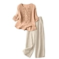 thumbnail image 6 of Linen Sets for Women 2 Piece Summer 2026 3/4 Sleeve Embroidered Boho Tops Wide Leg Pants Beach Vacation Outfits Lounge Wear,Beige L, 6 of 7