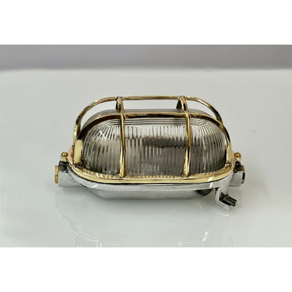 Maritime Antique Style Aluminum Metal Oval Bulkhead Ceiling Wall Light Fixture with Brass Cage