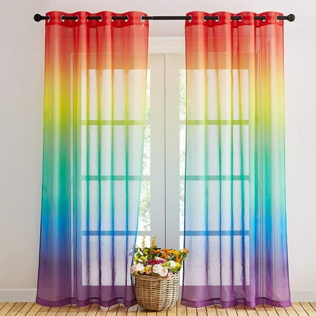 Rainbow Sheer Curtains For Bedroom Girls Room Decor 2 Tone Ombre Pattern Window Semi Short Girly Nursery Kids Daughter 55 X 84 Inch Length Set Of Canada Rainbow Sheer Curtains For Bedroom, Patterned Sheer Curtains