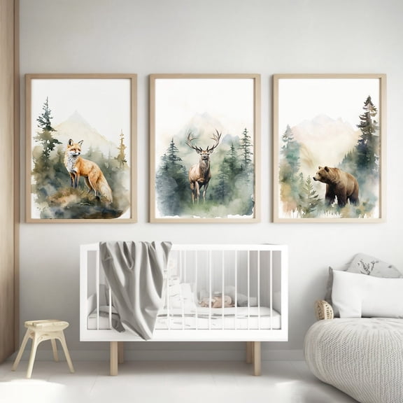 Woodland Animal Nursery Wall Art Sage Set 3 Unframed Paper Print 8x12