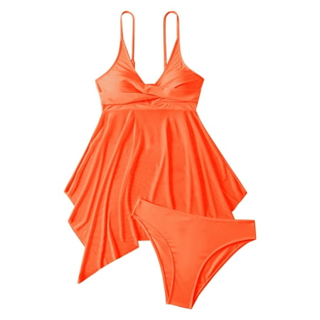 Women s Swim Dress 2 Piece Swimsuit with Skirt Modest Cut Out Padded Twist Bathing Suits Swimwear Swimdress with Bottom Womens Adjustable Bikini Bra Shorts Bikini Swimsuit Split Swimsuit Orange M