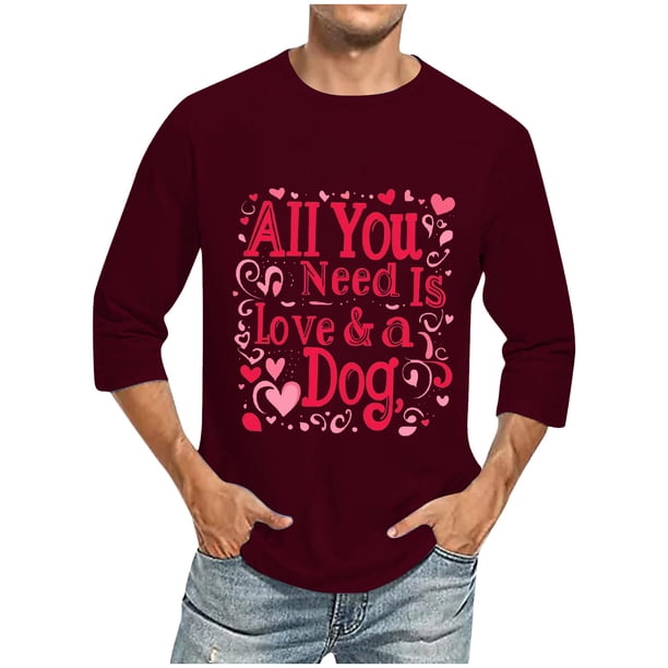 Camisas de Manga Larga para los Hombres Día de San Valentín Impresión Cuello Redondo Moda Casual, Mezcla de Poliéster de Lino de Algodón para Primavera Verano