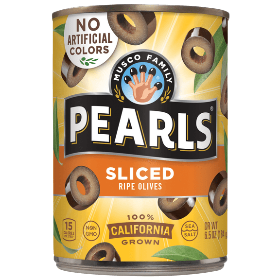Pearls California Ripe Olives, Sliced, 6.5 oz. Can. No Artificial Colors. Major Allergens Not Contained.
