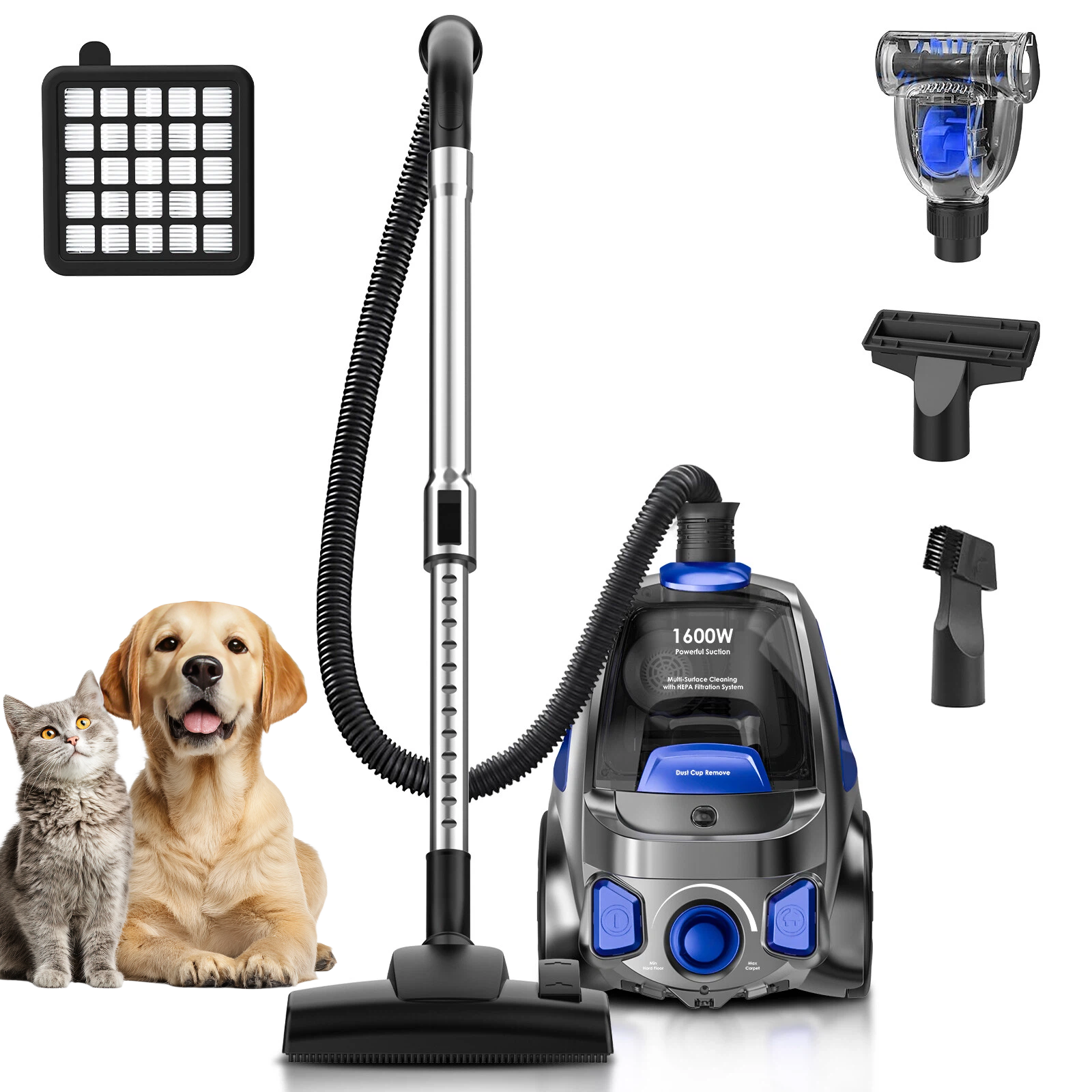 Canister Vacuum Cleaner, 32Kpa 1600W Bagless Vacuum Cleaner, Dust Full Indicator, H13 HEPA Filter, 3.7Qt Large Capacity, Lightweight Vac for Hard Floors, Carpet, Pet, Upholstery, Blue