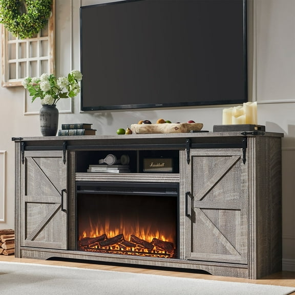 T4TREAM Farmhouse TV Stand for TVs up to 80", Entertainment Center with 30" Electric Fireplace and Sliding Barn Door&4 Drawers Storage Inside,Light Rustic Oak