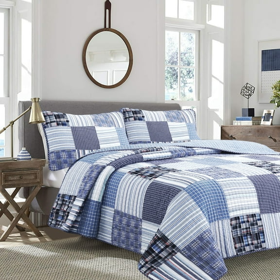 Cozy Line Daniel Denim Navy Blue Real Patchwork 100% Cotton 2-Piece Reversible Quilt Set, Twin