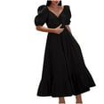 thumbnail image 2 of Pisexur Robe à Manches Courtes Col en V Mode Femmes Été Solide Décontracté Col en V Manches Courtes Vacances Taille Élastique Robe Femmes Robe, 2 of 7