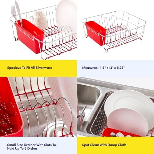 Metal 2 Piece Dish Drying Rack Set Drainer with Utensil Holder Simple Easy to Use Fits in Most Sinks, 14.5" x 13" x 5.25", Red