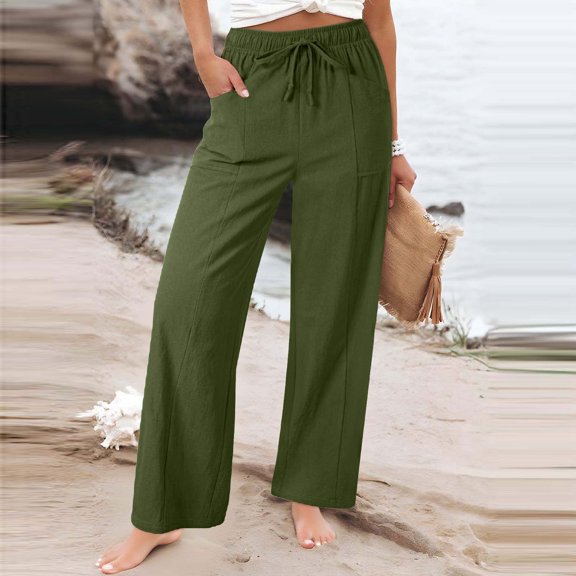 Juslio Women Pants Casual Side Opening Drawstring Linen High Waist,with Pockets Straight Leg Pants L