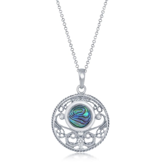 Beaux Bijoux Round-Shaped Vintage Design Natural Abalone 18” Pendant Necklace Sterling Silver Jewelry for Women or Teens