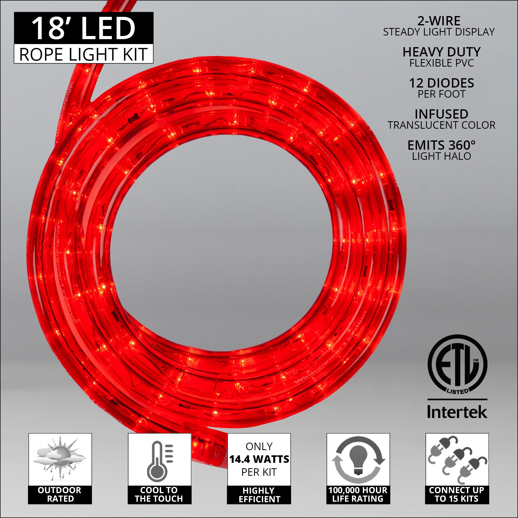 18 ft. LED Red Rope Light Kit, 216 Lights, Ready-to-Install Connectable Christmas Tube Light, Indoor-Outdoor Holiday Decorative Lighting, Mounting Clips Included
