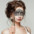 thumbnail image 4 of Women Masquerade Mask with Stick, Handheld Carnival Halloween Mardi Gras Mask,Venetian Party Metal Rhinestone Mask, 4 of 8