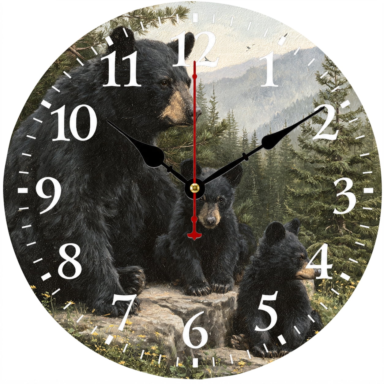 9.84 Black Bear Wall Clock, Rustic Wildlife Mountain Forest Analog Clock, Battery Operated Cabin Lodge Decor
