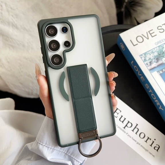 ELEHOLD Case for Samsung Galaxy S26 Ultra, Semi-Transparent Matte Finish Cover with Adjustable Stand and Ring Holder, Compatible with MagSafe Accessories,Green