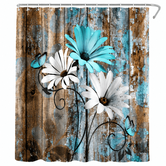 Rustic Farmhouse Shower Curtain, Teal White Daisy Flowers with Butterflies on Weathered Blue Wooden Planks, Vintage Floral Waterproof Fabric Bathroom Curtain with Hooks, 69x85 Inches