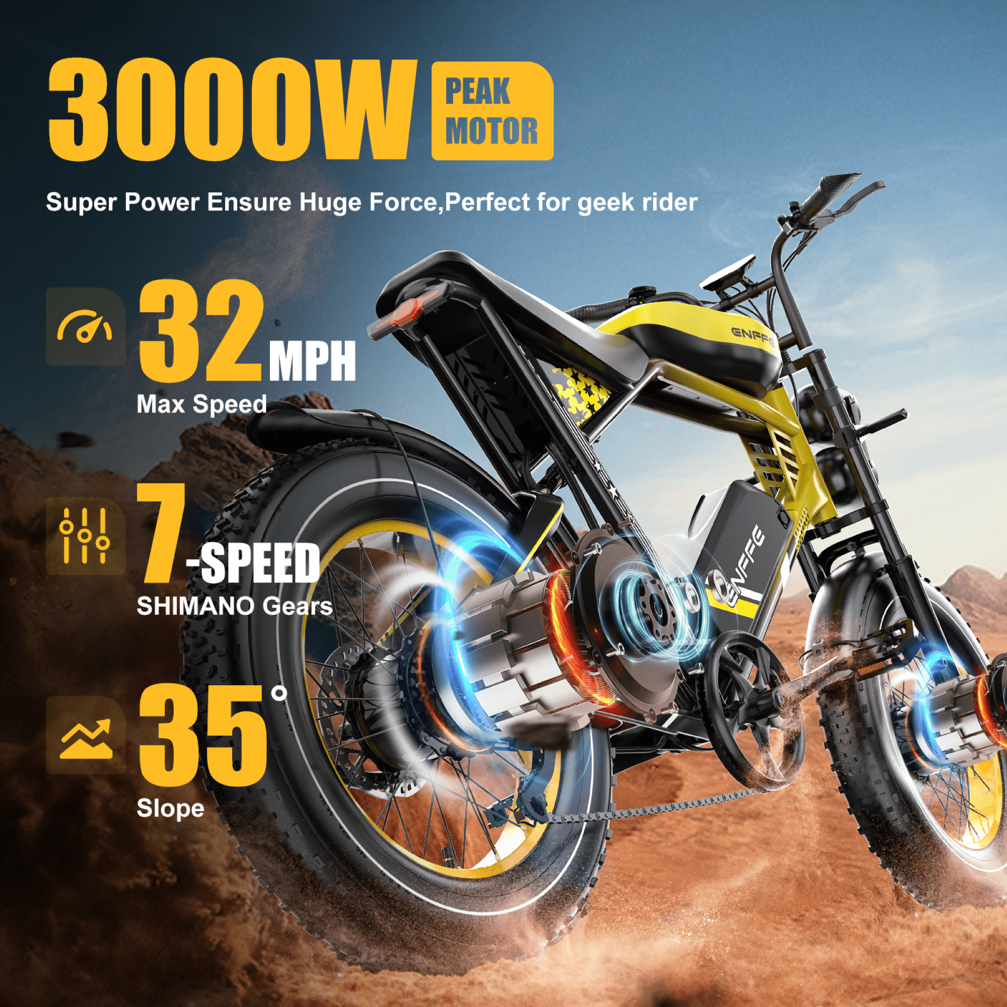2D Ultra Electric Bike for Adults, 3000W Peak Motor 32MPH Off-Road E Bike, 48V 45Ah Battery, 200-Mile Range, 20" x 4.0 Fat Tires, Shimano 7-Speed, Yellow
