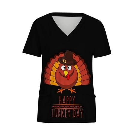 

Chiccall Womens Tops V-Neck Short Sleeve Nursing Uniform Workwear Thanksgiving Outfit Funny Turkey Printed Graphic Tees Blouse Scrubs Tops with Pockets on Clearance