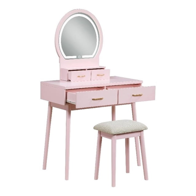 Anvy Vanity Desk Set with Mirror and Stool- 4 Drawers- Pink Wood