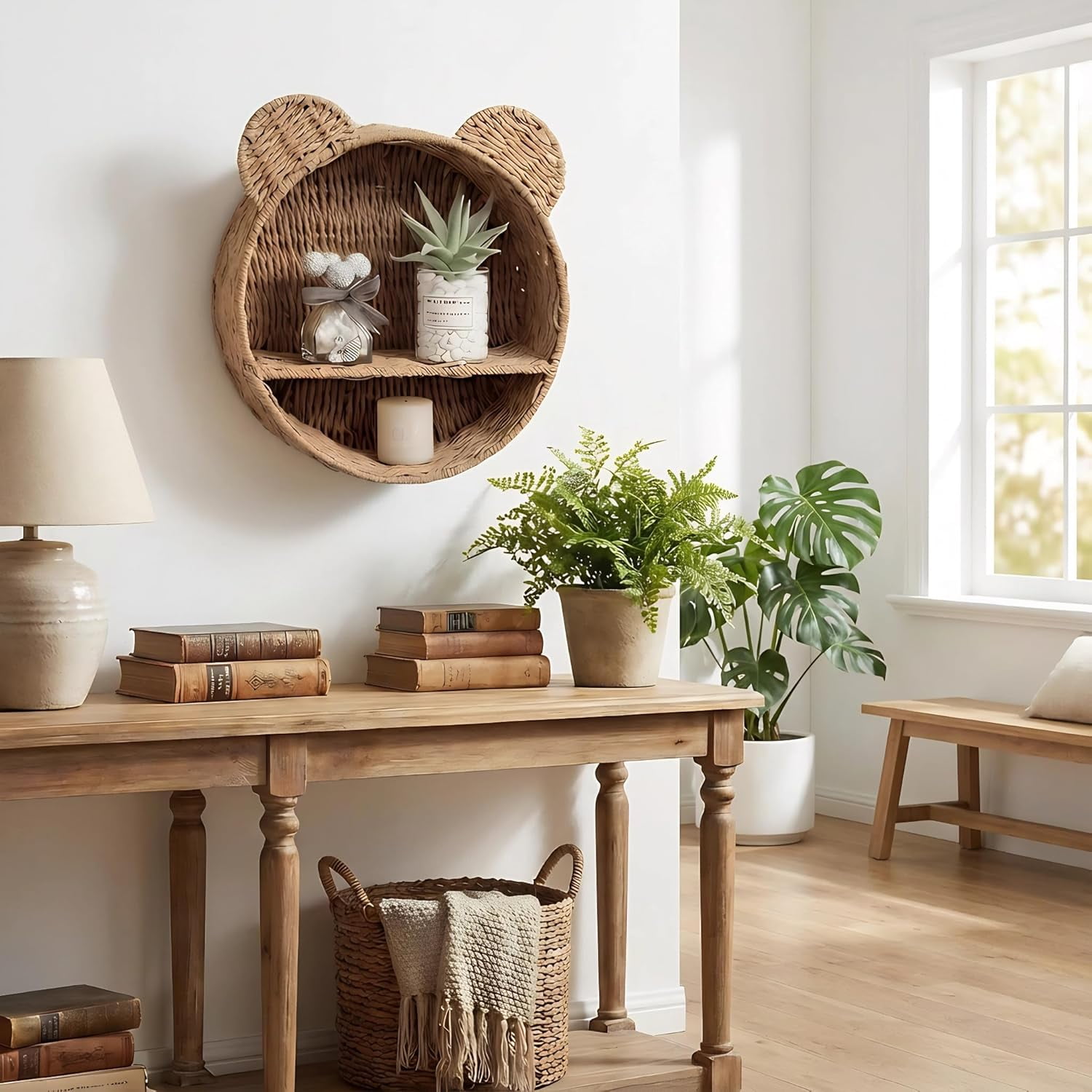 12.6-inch Bear Rattan Shelf, Handwoven Wicker Rack Round Shelf for Wall, Wall-Mounted Floating Display Shelf Organizer for Small Books, Toys & Decor
