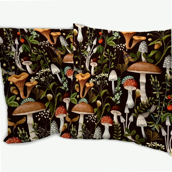 Floral Berries Bugs Pillow Covers Set - Decorative Mushroom Throw Pillow Cases 18x18 - Soft Square Home Decor for Sofa Bed Living Room Farmhouse