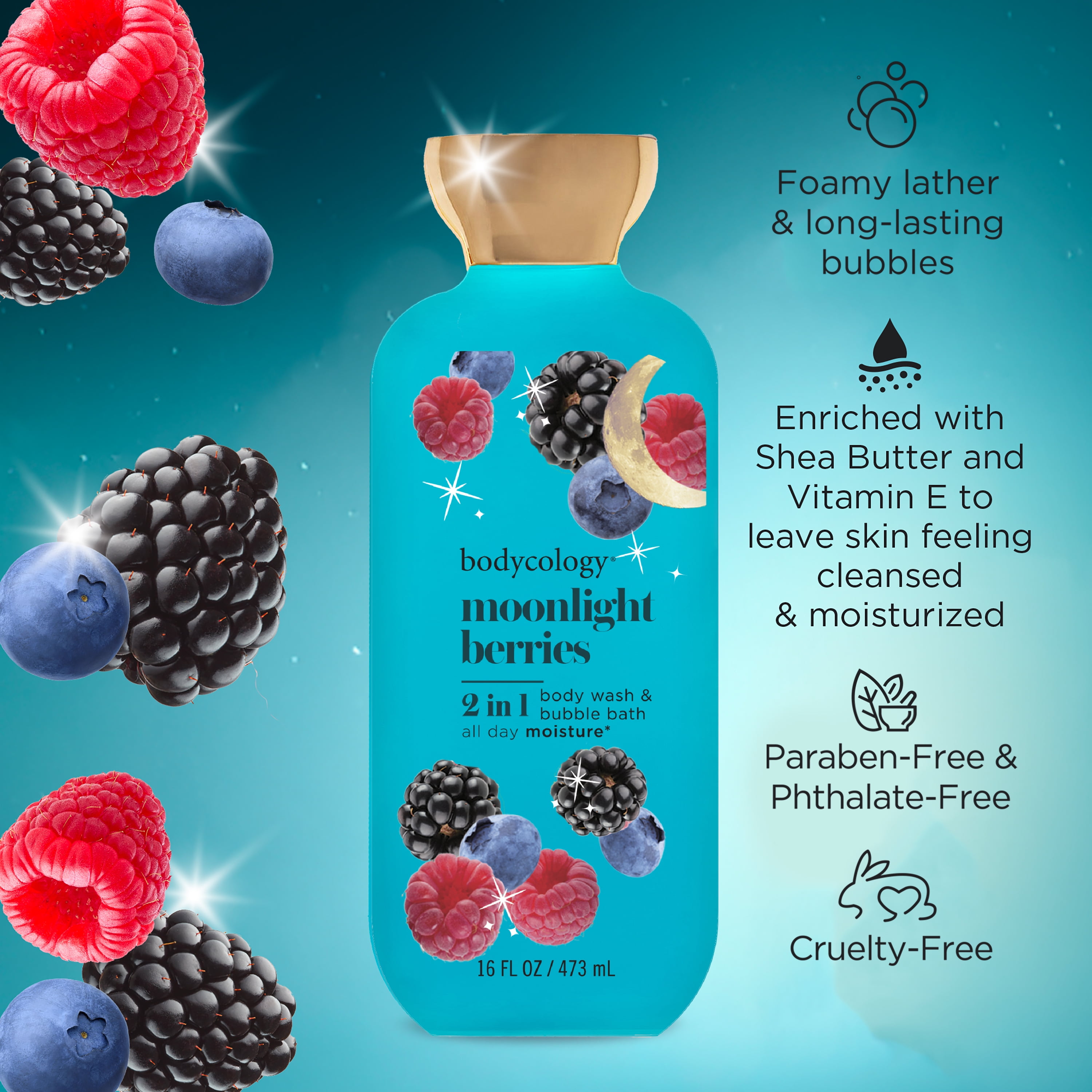 Bodycology Moonlight Berries 2-in-1 Body Wash & Bubble Bath, 16 fl oz